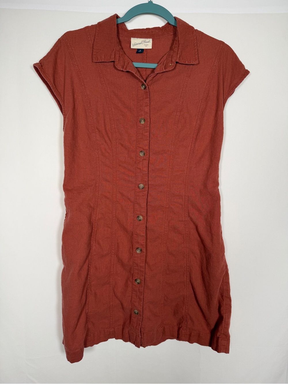 Linen Blend Rust Red Button-Up Mini Dress Preppy, Summer